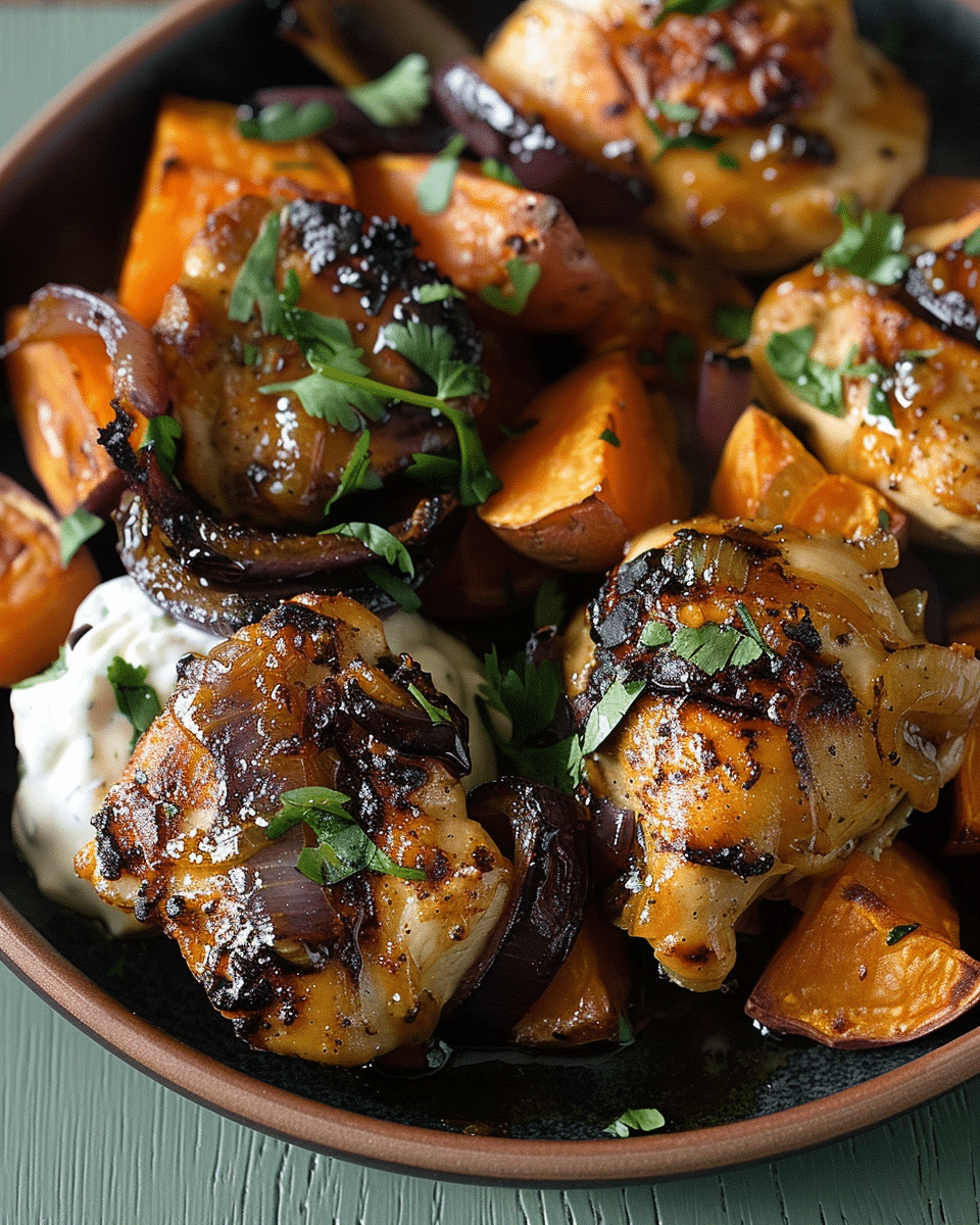 Chili Honey Chicken and Sweet Potatoes with Cilantro Yogurt Recipe