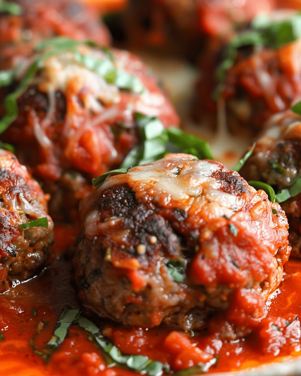 Mozzarella-Stuffed Meatballs in Marinara Sauce