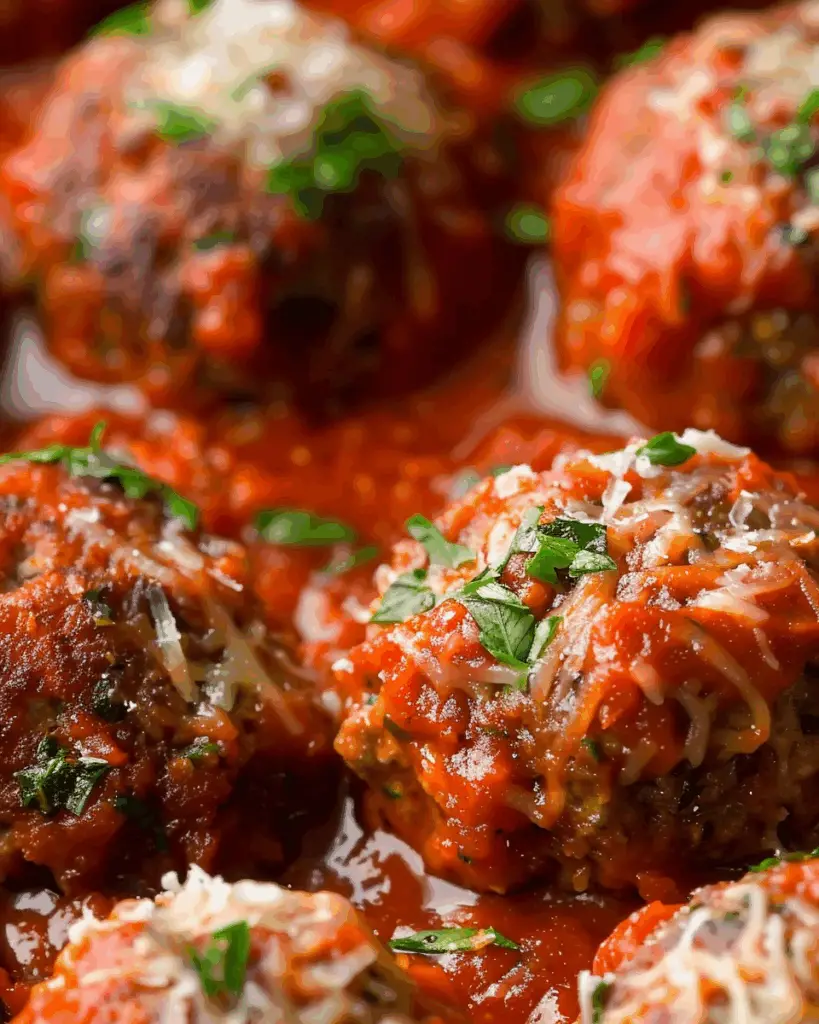 Mozzarella-Stuffed Meatballs in Marinara Sauce