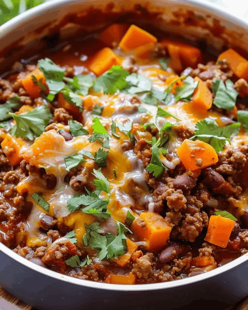 Sweet Potato Chili with Ground Beef and Cheddar