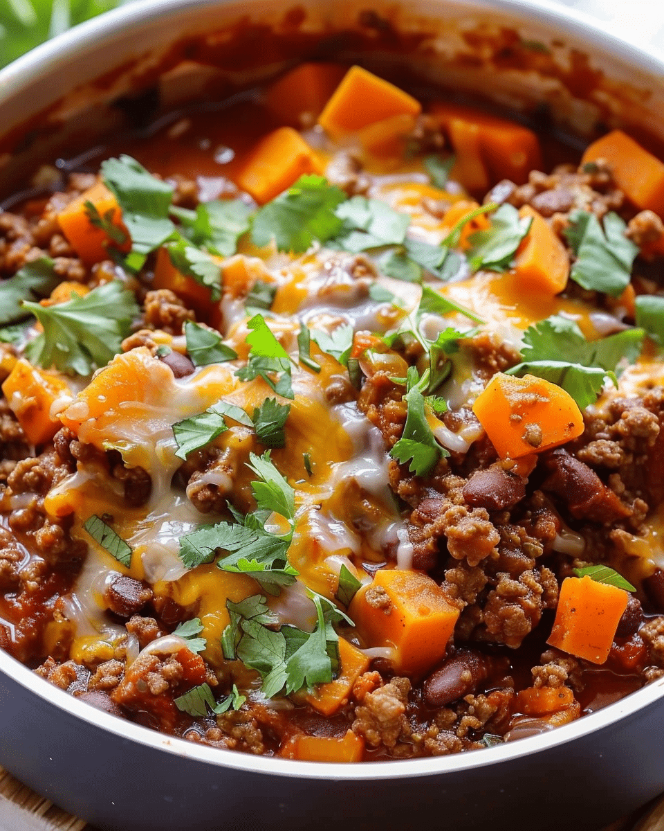 Sweet Potato Chili with Ground Beef and Cheddar