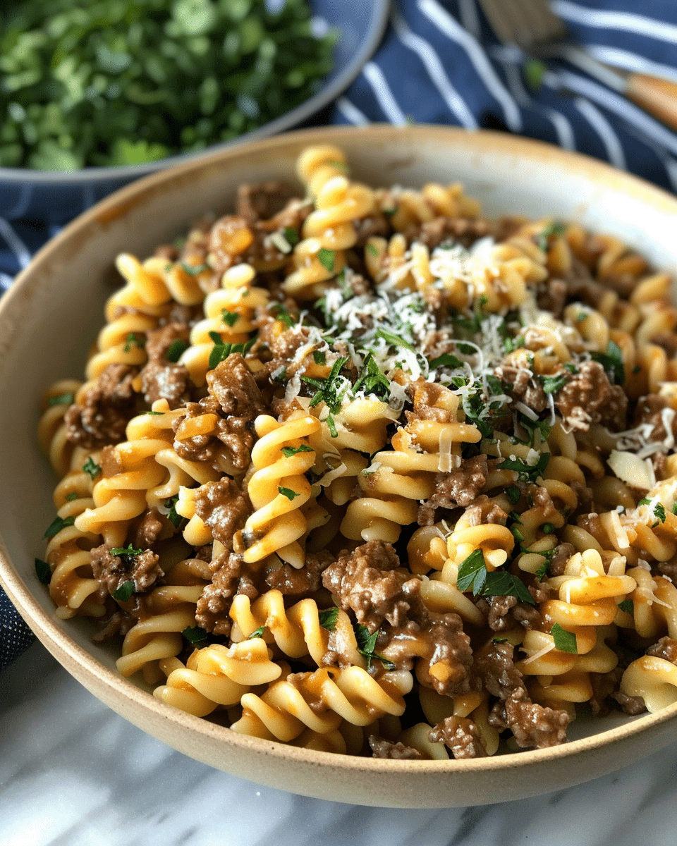 Beef and Rotini in Garlic Parmesan Sauce
