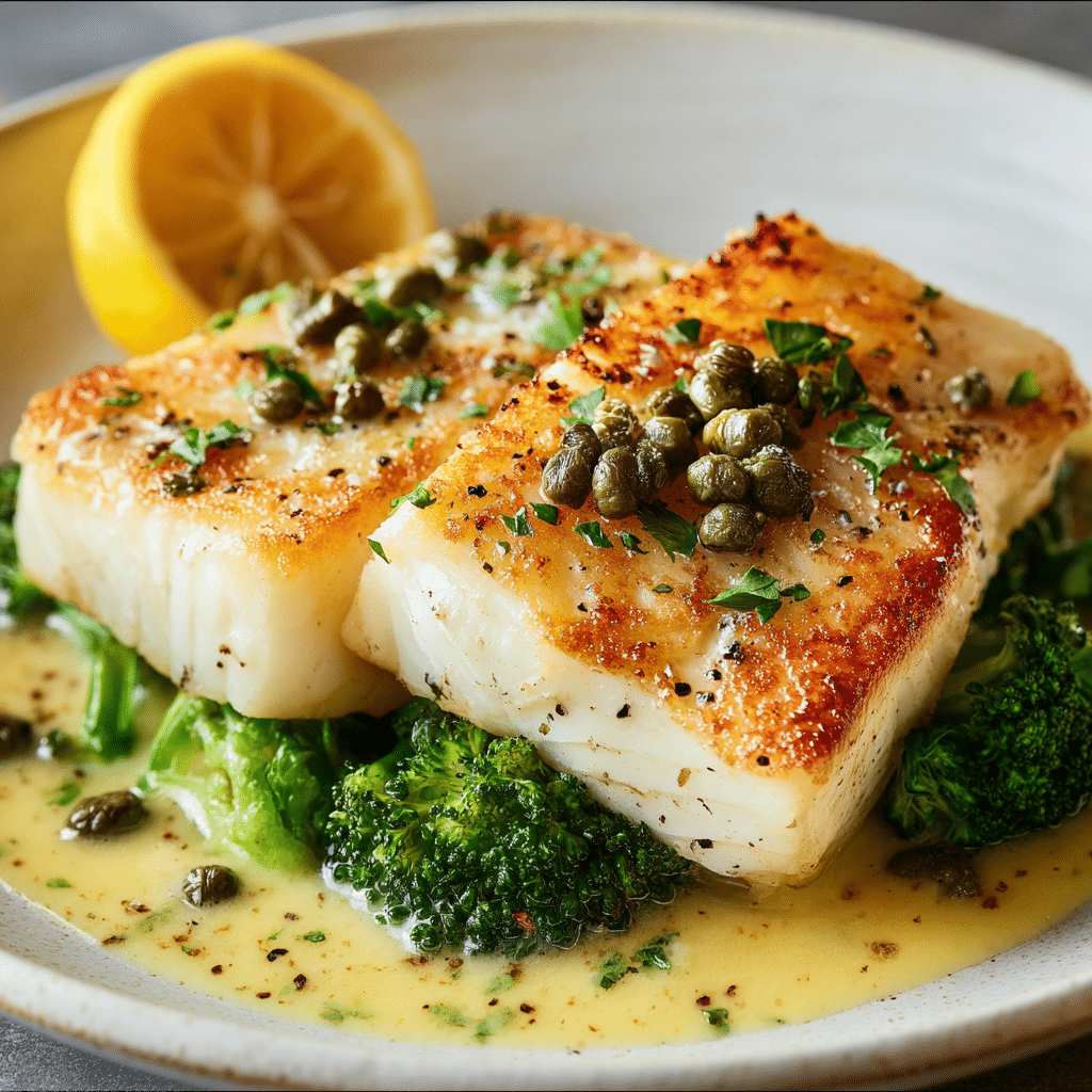 Fish in Lemon Butter Sauce with Capers & Broccoli Recipe - Recipe Image