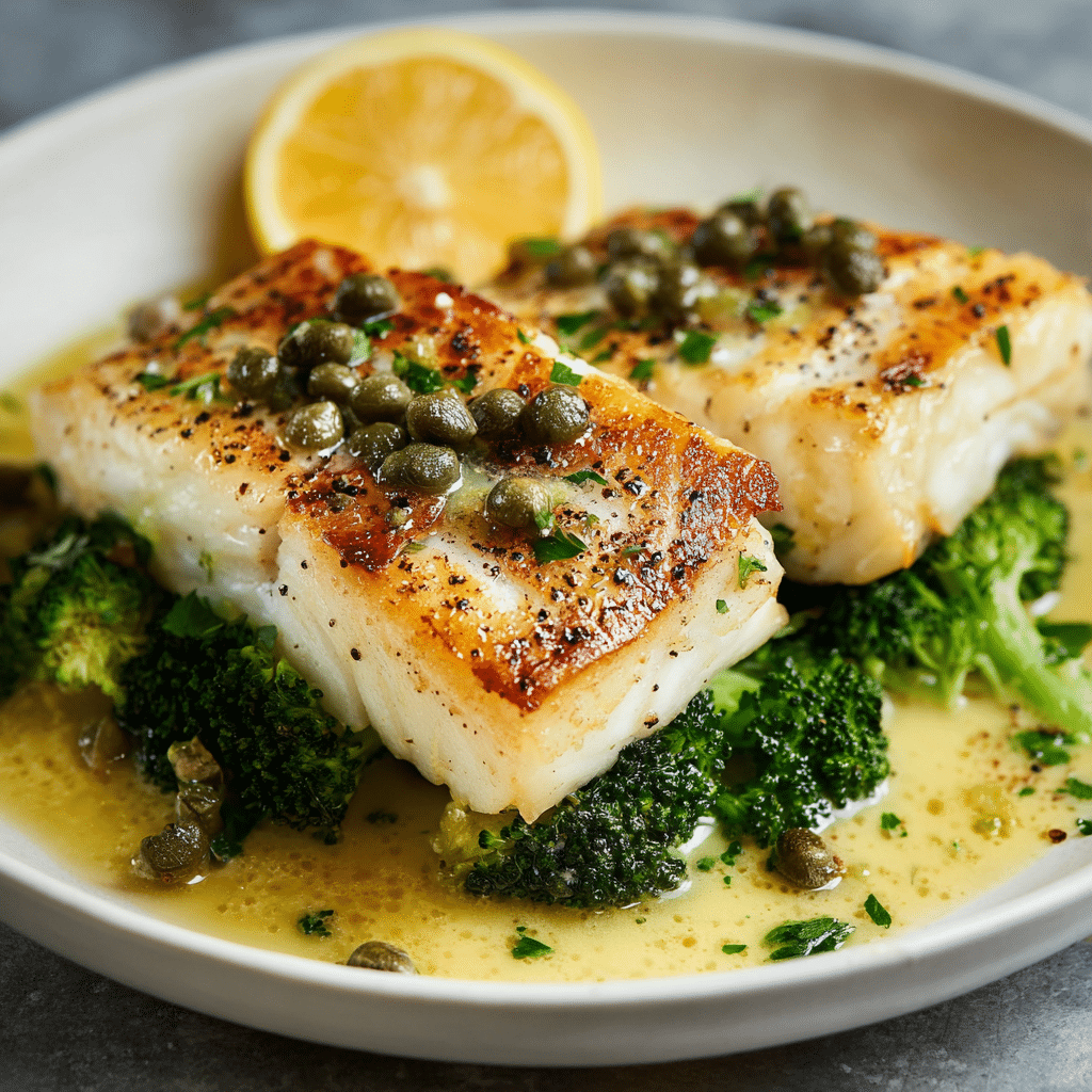 Fish in Lemon Butter Sauce with Capers & Broccoli Recipe - Recipe Image