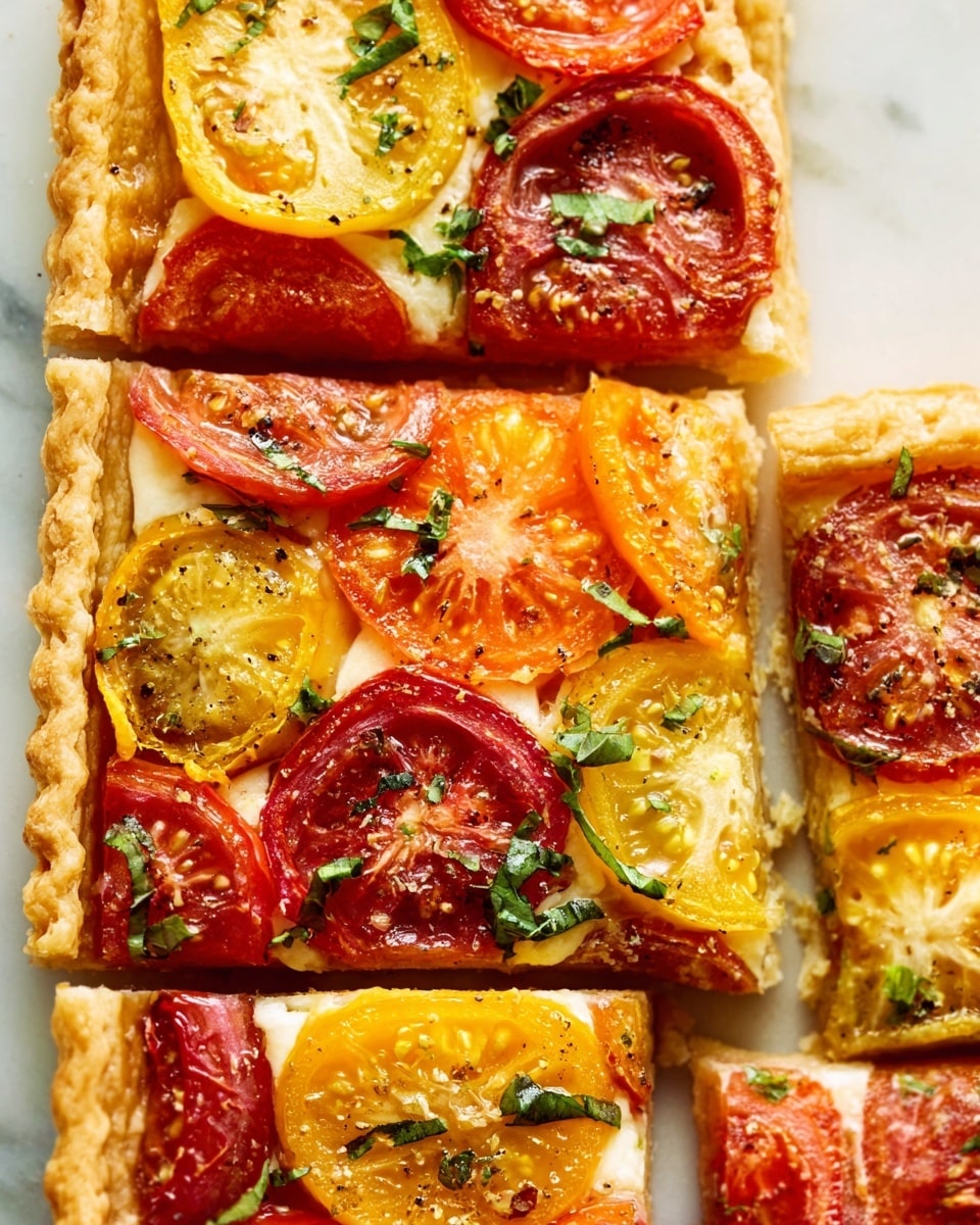 The image shows a close-up of a tomato tart sliced into squares on a white plate set on a white marbled surface. The tart has a golden, flaky crust with raised edges. Inside, the filling is layered with slices of red, yellow, and orange tomatoes, along with melted white cheese, likely mozzarella, scattered unevenly. Green herbs are sprinkled on top, adding a fresh touch. The colors are vibrant, and the textures highlight the crisp crust and soft filling. Photo taken with an iphone --ar 4:5 --v 7