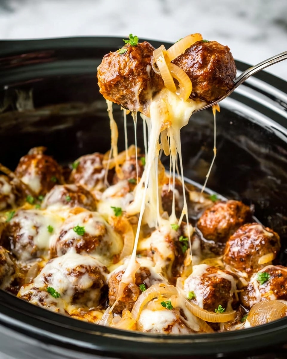 A silver pan contains about fifteen browned meatballs evenly spread out and cooking in a creamy, light brown sauce with visible melted cheese grated over the top. The sauce has a slightly oily texture, and some soft caramelized onions mix in with the meatballs, creating a rich, thick layer around them. Below the pan, on a white plate with a thin brown rim, are two uneven slices of toasted bread with a golden crust and airy texture inside. Both the pan and plate rest on a white marbled surface. photo taken with an iphone --ar 4:5 --v 7