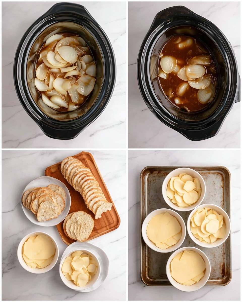 The image shows a step-by-step process of making onion soup. In the first frame, a black crockpot is filled with several layers of lightly browned onion slices, soft and slightly translucent, on a white marbled surface. The second frame shows the same crockpot with the onions now covered in a rich, dark brown broth. The third frame displays the crockpot with the dark broth and softened onions, placed next to a stack of sliced white bread on a wooden board and a white plate with round pale yellow cheese slices. In the last frame, two white soup bowls are placed on a metal tray, each covered with a layer of melted pale yellow cheese, with more sliced bread on the side on the white marbled surface. Photo taken with an iphone --ar 4:5 --v 7