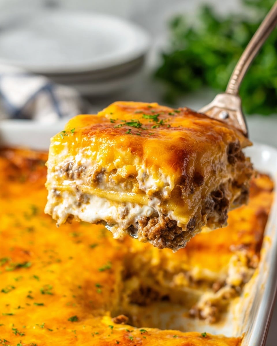 A thick slice of layered casserole is held up by a metal spatula, showing three visible layers: the top is a bright orange melted cheese layer with a smooth and shiny texture, the middle layer consists of creamy white sauce mixed with browned ground meat, and the bottom layer is a pale yellow pasta or potato layer that is soft and moist. The casserole is in a rectangular white tray with more casserole visible inside, sprinkled lightly with small green herbs. The background features a white marbled surface with a blurred green garnish. Photo taken with an iphone --ar 4:5 --v 7