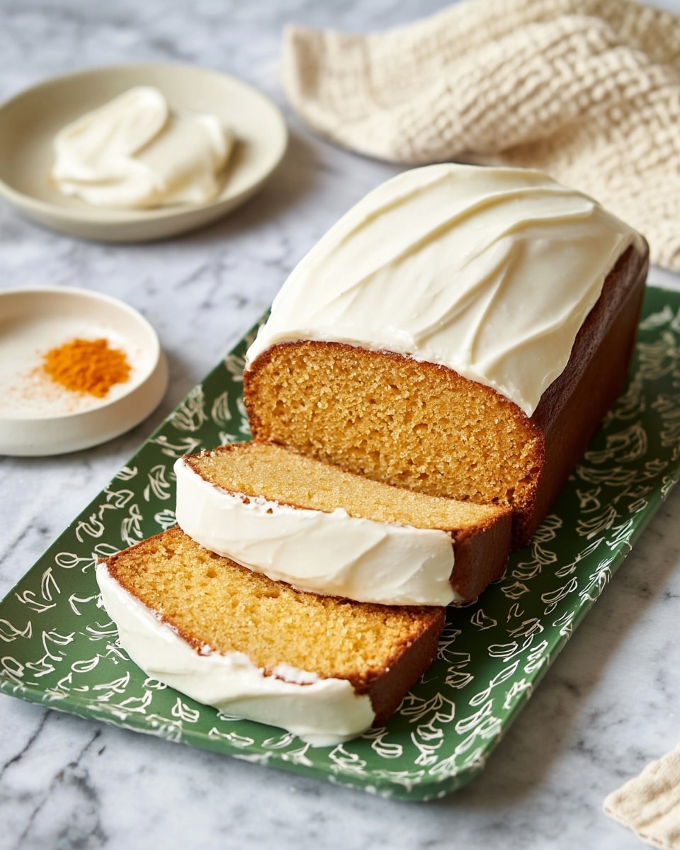 The image shows a loaf cake with two thick slices cut from it, all covered with a smooth white frosting. The cake is golden-brown with a soft crumb texture visible on the inside. The frosting is evenly spread on top of the loaf and the sliced pieces, with some gentle swirls on the surface. The cake sits on a green tray with a subtle white vine pattern, placed on a white marbled surface. In the background, there is a small white plate with a dollop of frosting and an orange powder on top, as well as a beige cloth and a white textured cloth nearby. Photo taken with an iphone --ar 4:5 --v 7