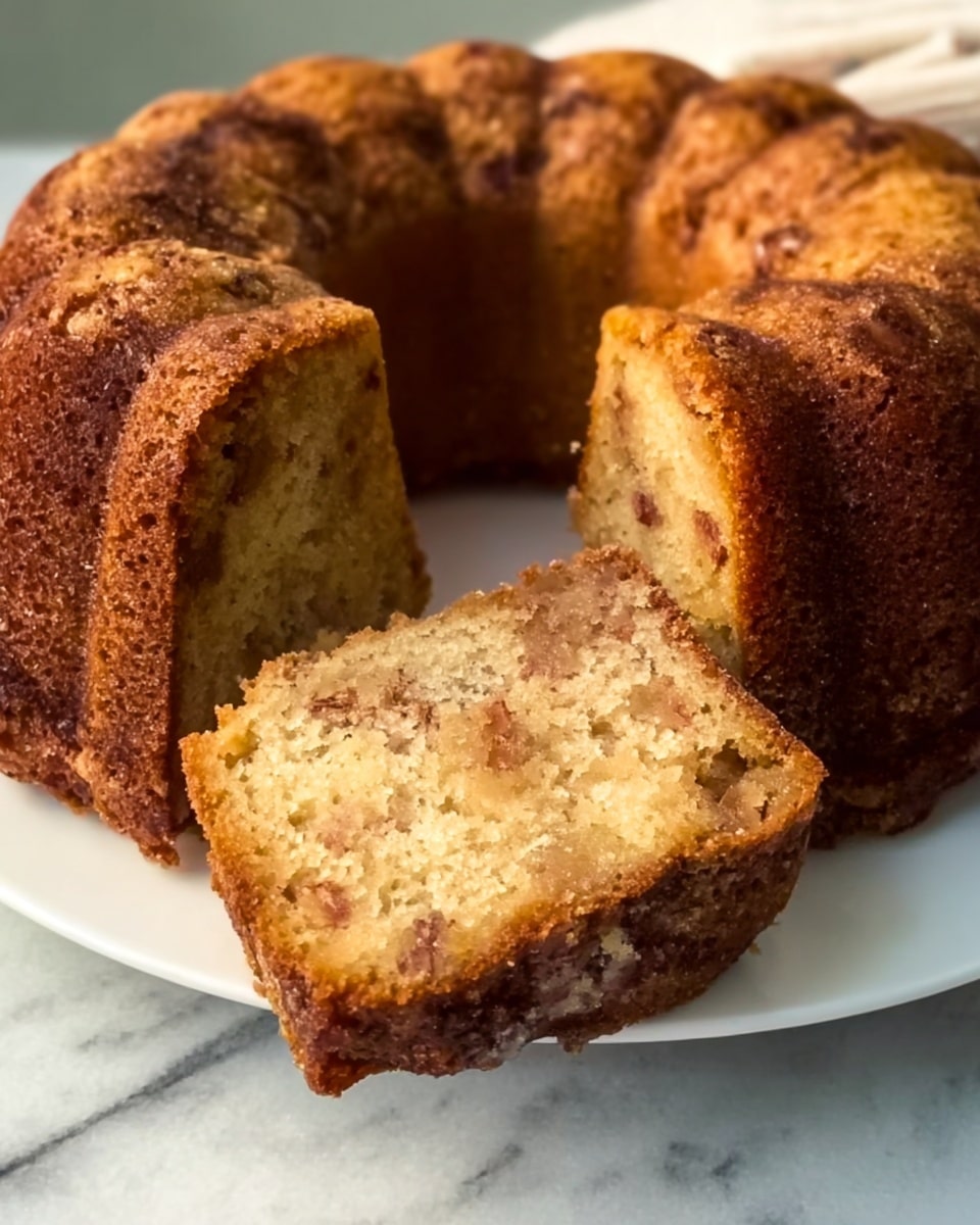 A close-up of a warm brown bundt cake with a soft, moist texture and small chunks inside, placed on a white plate. One large slice is leaned against the rest of the cake, showing the inside crumb, which is light brown with a fine, slightly rough texture. The cake has a round shape with ridged sides and a hole in the middle. The scene is set on a white marbled surface, and a woman's hand is holding the slice gently from the side. The lighting is natural, highlighting the cake's golden and caramel tones. photo taken with an iphone --ar 4:5 --v 7
