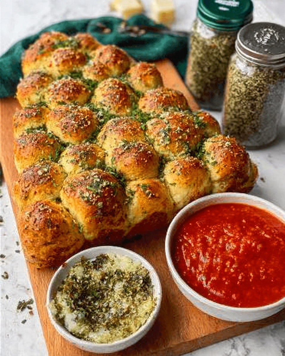 The image shows a triangle-shaped pull-apart bread made of many small round golden-brown rolls topped with chopped green herbs, all placed on a wooden board. To the left, there is a small white bowl filled with a greenish-brown mixture that looks like herbs and butter. Behind it, there are two glass jars with green lids, filled with dried herbs and spices. On the right side, there is a white bowl filled with bright red tomato sauce that looks thick and smooth. The whole setup is on a white marbled surface. photo taken with an iphone --ar 4:5 --v 7
