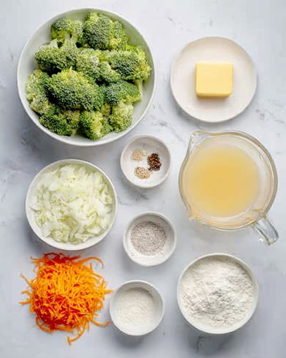 The image shows several small white bowls and a clear glass measuring cup with ingredients arranged on a white marbled surface. In the top left, there is a white bowl filled with fresh green broccoli florets. Next to it, a small white bowl contains a small square of yellow butter. Below these, there is a small white bowl with finely chopped white onions, a smaller bowl with white flour, and three very small white bowls holding black pepper, white granular salt, and a light beige powder, possibly garlic or onion powder. Near the bottom left, thin strands of shredded light yellow cheese and bright orange grated carrots rest directly on the marbled surface. Finally, a clear glass measuring cup filled with a light yellow liquid, possibly broth, and a small white bowl filled with a thick white substance, possibly cream or sour cream, are placed toward the bottom right. photo taken with an iphone --ar 4:5 --v 7