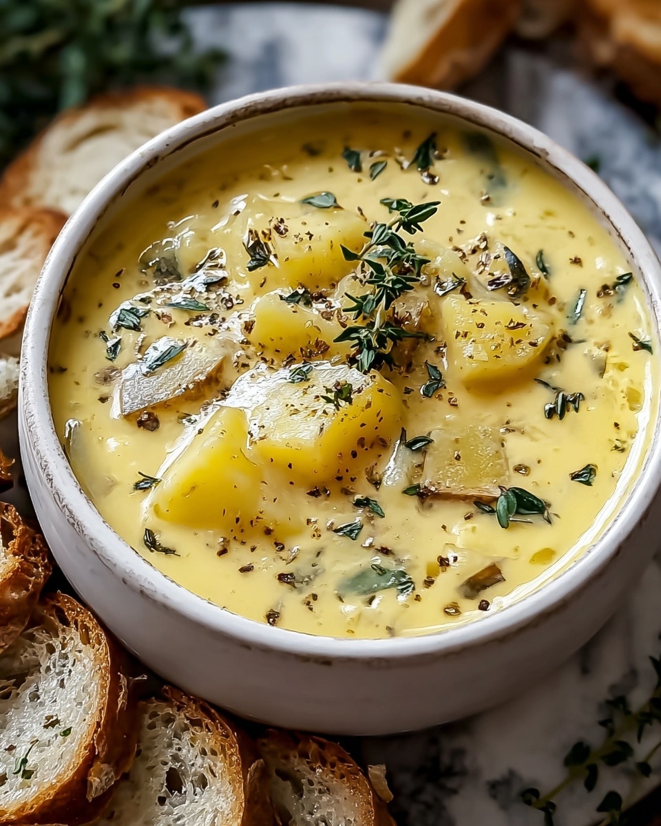 A white bowl filled with creamy yellow soup with visible chunks of potatoes and small pieces of herbs floating on top. The soup is garnished with fresh green thyme sprigs and a sprinkle of black pepper, giving a new contrast to the smooth surface. The bowl is placed on a white marbled surface with sliced crusty bread showing a light brown and soft interior arranged around the bowl. The background has blurred green herbs adding a fresh touch. Photo taken with an iphone --ar 4:5 --v 7