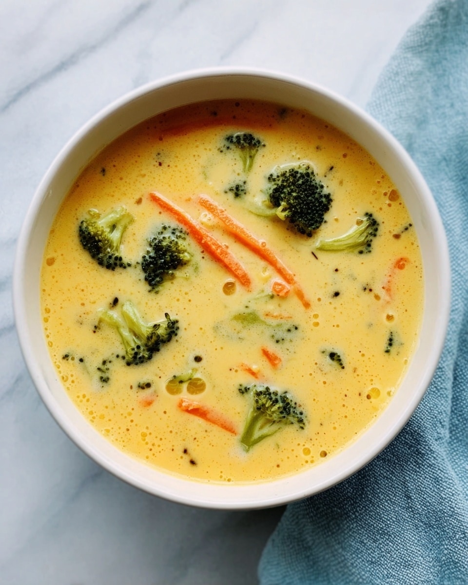 A white bowl filled with creamy light yellow soup with visible pieces of bright green broccoli scattered throughout, and thin shreds of orange cheddar cheese on top. The soup is thick with small bits of vegetables mixed in, giving it a slightly textured look. The bowl sits on a wooden board over a green cloth, with a white marbled surface visible around. Photo taken with an iphone --ar 4:5 --v 7