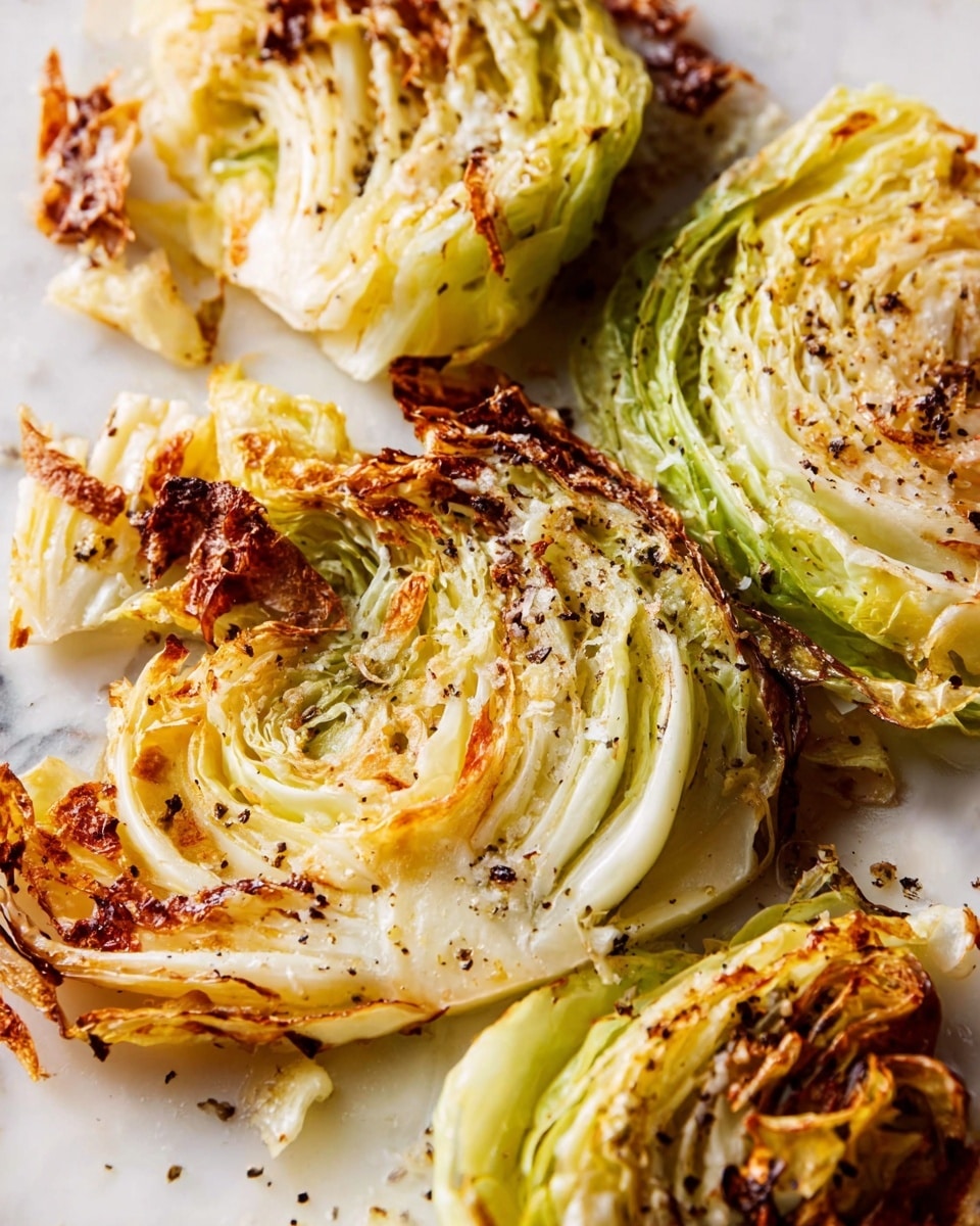The image shows close-up pieces of roasted cabbage on a white marbled surface. Each piece is thick and slightly browned with caramelized edges, showing a mix of pale green and golden-brown layers. The texture looks slightly crispy and soft inside, with some black pepper sprinkled on top. The cabbage layers are easily visible, tightly packed and cooked to a tender finish. Photo taken with an iphone --ar 4:5 --v 7