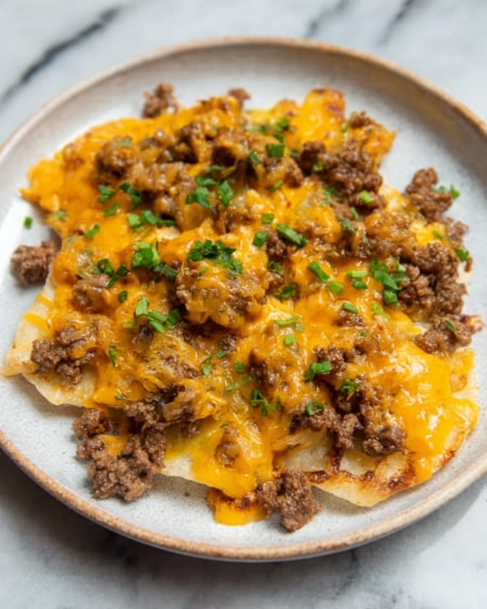 A white plate holds several beige slices of cooked meat at the bottom, topped by a juicy mix of browned ground meat and melted bright orange cheese that looks soft and stretchy. Small pieces of green herbs are scattered on top, adding color contrast. The plate sits on a white marbled surface. photo taken with an iphone --ar 4:5 --v 7