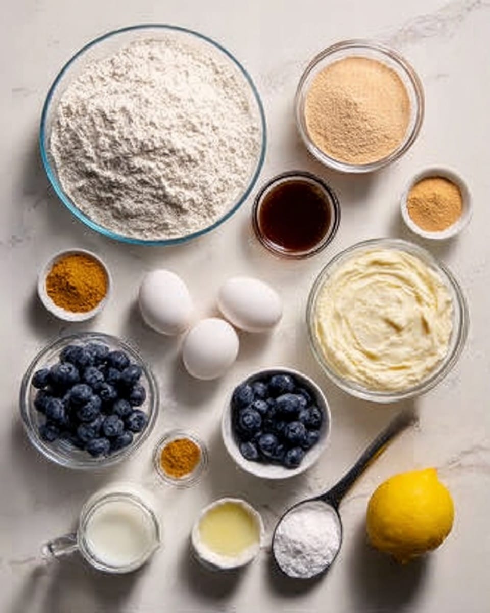 The image shows a white marbled surface with several clear glass bowls and small containers arranged neatly, each holding different baking ingredients. There is a large bowl filled with white flour, a smaller bowl with light beige brown sugar, another bowl with white yogurt, and a small bowl containing fresh blueberries. Two whole eggs are placed directly on the surface near a small dish of dark brown vanilla extract. Additional elements include a yellow lemon, a small container with milk, a scoop of white flour, a spoon of mustard yellow spice, and a small pile of salt. The lighting is soft and natural, making the colors of the ingredients clear and distinct. photo taken with an iphone --ar 4:5 --v 7