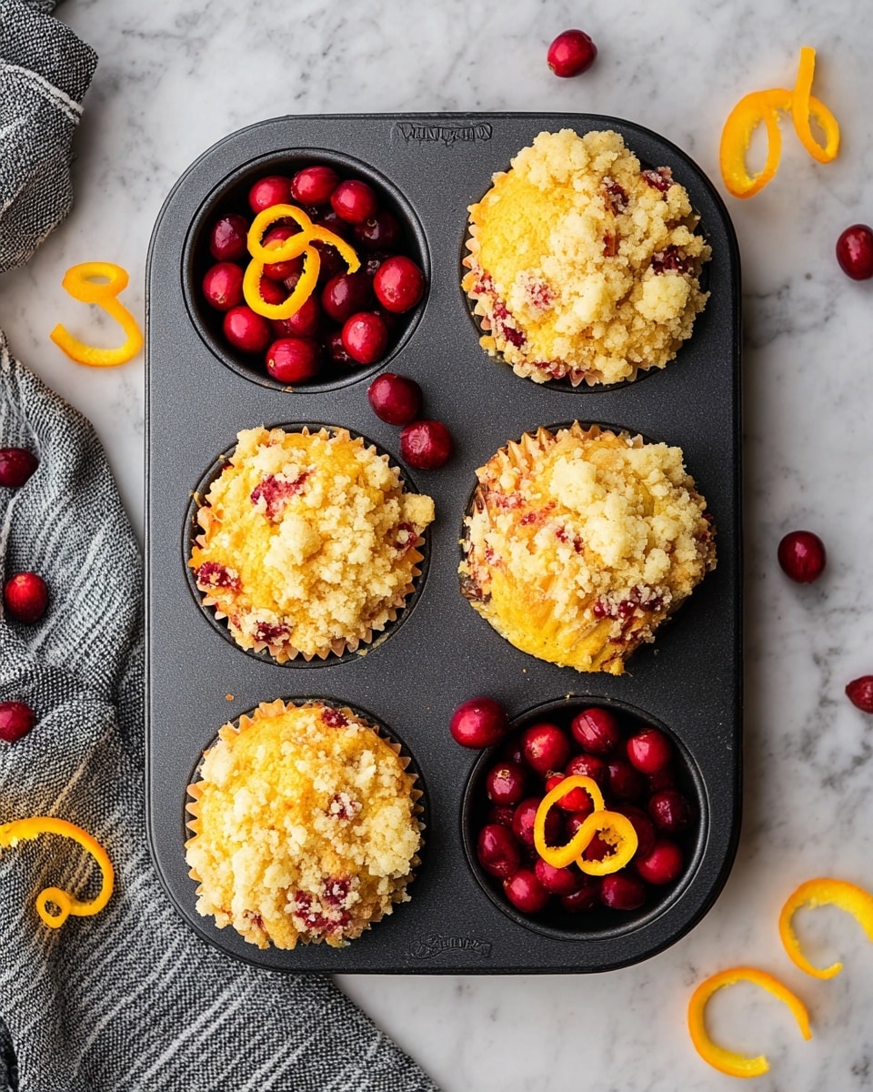 A black metal muffin tray holds five golden brown muffins with crumbly, light yellow streusel topping mixed with red cranberry pieces on top. One tray section is filled with bright red fresh cranberries and decorated with a bright orange peel spiral on top. The tray sits on a white marble textured surface with a few more cranberries and orange peel spirals around it, accompanied by part of a striped gray and white cloth at the bottom left photo taken with an iphone --ar 4:5 --v 7