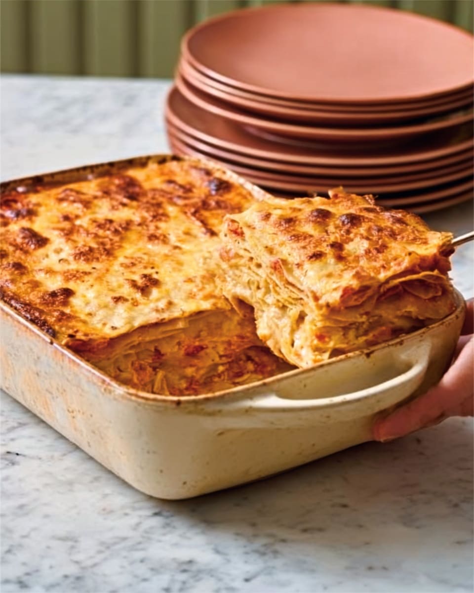 A rectangular white ceramic baking dish is filled with a golden brown layered casserole. The top layer is crispy and bubbly with small darker spots, showing a baked cheese and sauce texture. The casserole layers beneath show hints of sauce and possibly thin pasta or vegetable slices. The dish is placed on a white marbled surface, next to a stack of dusty pink plates. A woman's hand is holding the handle of the baking dish. Photo taken with an iphone --ar 4:5 --v 7
