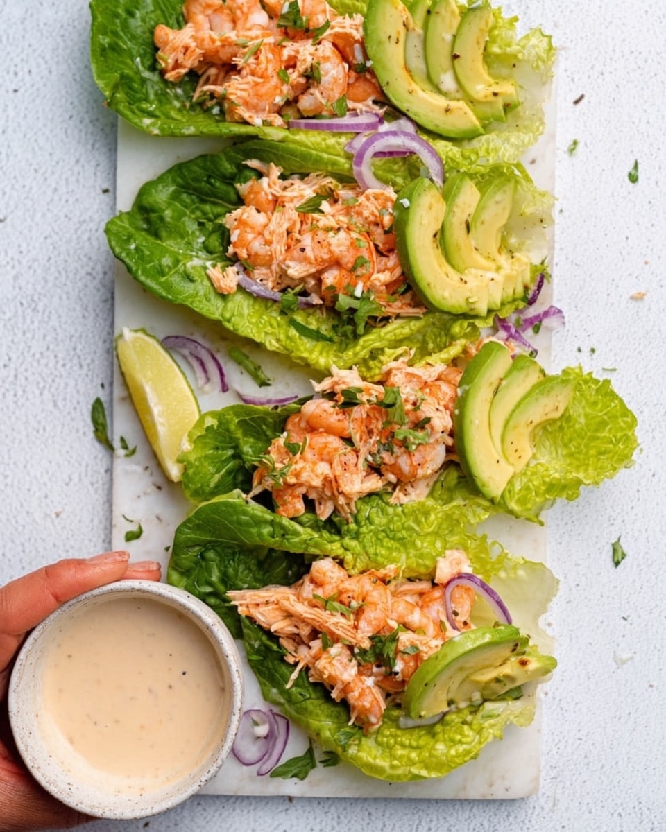 This image shows three open lettuce wraps on a white marbled surface. Each wrap has a green lettuce leaf as the base, topped with small pink shrimp scattered all over. On top of the shrimp is a layer of light orange shredded salmon. There are thin slices of pale green avocado placed neatly on one side of each wrap. Some thin rings of purple onion are spread around for color and texture. There are small pieces of green herbs sprinkled across everything. Next to the wraps is a small white bowl with a light beige creamy sauce inside. A woman's hand is holding one of the wraps from the side. Photo taken with an iphone --ar 4:5 --v 7