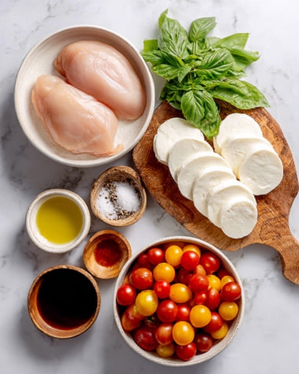 The image shows a wooden board on a white marbled surface with several fresh ingredients neatly arranged. On the top left, a white bowl contains two raw chicken breasts with smooth, pale pink skin. Next to it, on the right side of the board, there are six thick slices of white mozzarella cheese placed in a neat row. Below the cheese, a bunch of fresh green basil leaves adds a pop of rich color. Surrounding the board are several small bowls holding different ingredients: a white bowl with a dark liquid, likely balsamic vinegar, a wooden bowl with golden olive oil, a small amber bowl with a reddish-brown sauce, a tiny bowl with white coarse salt, and another tiny bowl with black pepper. In the foreground, a large white bowl full of colorful cherry tomatoes—red, orange, and yellow—adds brightness to the image. A woman's hand is not visible but the arrangement suggests preparation. The entire scene has a clean, fresh look with all items clearly visible and well spaced. photo taken with an iphone --ar 4:5 --v 7