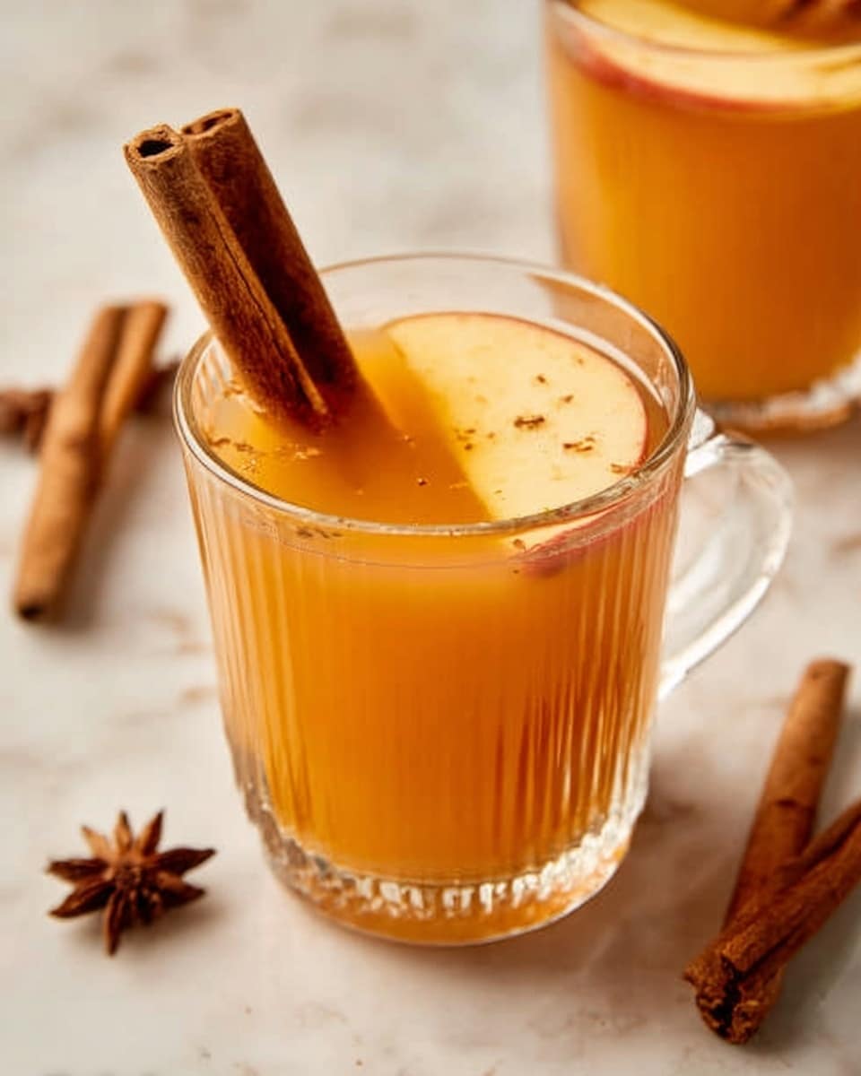 The image shows a clear glass cup filled with a warm orange drink. Inside the drink, two cinnamon sticks stand upright near the edge, and a thin round slice of apple floats on the surface. The cup is placed on a white marbled surface with another similar glass partially visible in the background and some whole cinnamon sticks scattered nearby. The warm light gives the drink a cozy look. photo taken with an iphone --ar 4:5 --v 7