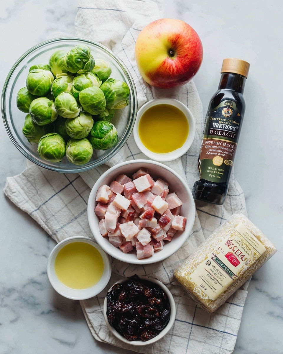 The image shows fresh ingredients arranged on a white marbled surface with a white checked cloth underneath. A clear glass bowl full of bright green Brussels sprouts sits on the left. Below it, a white bowl holds small cubes of raw pink and white bacon. To the right of the bacon, a small white bowl contains a golden yellow liquid, likely olive oil. Next to it, a dark bottle labeled