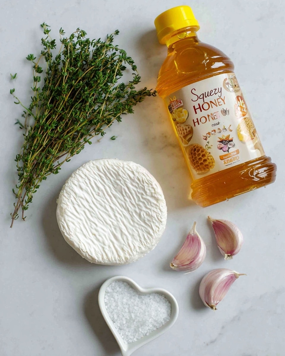 The image shows a round white cheese with a soft, white rind placed on a white marbled surface. To the left of the cheese, there is a bunch of fresh green thyme sprigs. Above the thyme, there is a clear plastic bottle filled with golden honey labeled