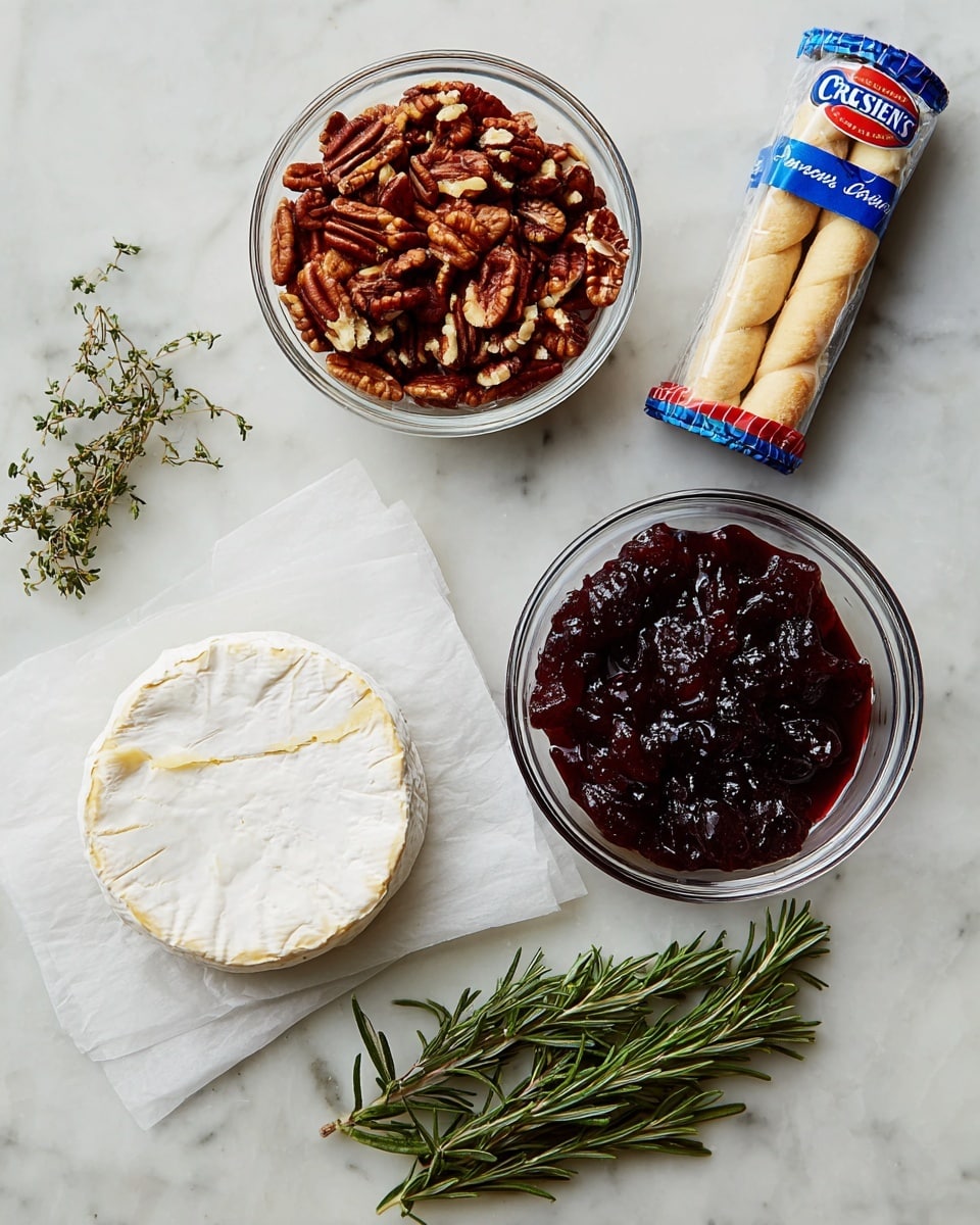 The image shows five items arranged on a white marbled surface: a round wheel of soft cheese with a white rind and pale yellow interior resting on white parchment paper, a clear glass bowl filled with chopped pecans with deep brown and tan pieces, a clear glass bowl containing dark red chunky jelly or jam with a shiny texture, a blue and red tube of Pillsbury Crescent dough rolls placed horizontally, and a fresh green sprig of rosemary with small needle-like leaves lying diagonally. Photo taken with an iphone --ar 4:5 --v 7