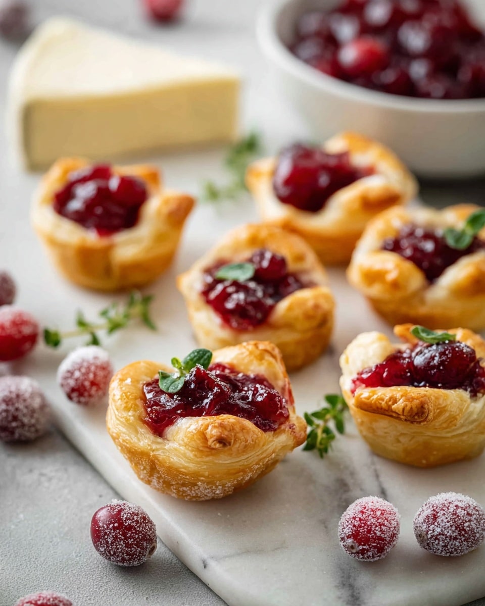 The image shows multiple small golden puff pastry cups arranged on a white marbled surface. Each cup has a rich red cranberry filling that looks slightly thick and glossy, with visible whole cranberries inside. Some cups are garnished with small green herb leaves. Around the pastries are scattered sugared cranberries with a frosty texture, adding a sparkly contrast. In the background, there is a triangular piece of creamy white cheese and a white bowl filled with more cranberry sauce. The scene looks bright and fresh, with a natural light enhancing the colors of the food. Photo taken with an iphone --ar 4:5 --v 7