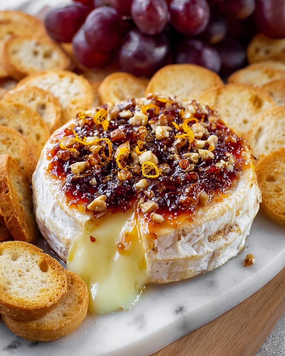 A round wheel of creamy cheese sits at the center with melted cheese oozing out softly on a white marbled surface. On top, there is a shiny layer of dark red jelly sprinkled with crushed nuts and small pieces of dried red fruit, along with small shreds of orange zest. Surrounding the cheese are many thin, round slices of toasted bread. In the background, a bunch of dark red grapes adds a pop of color to the scene. Photo taken with an iphone --ar 4:5 --v 7