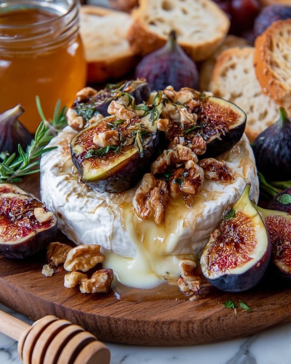 A round white wheel of soft cheese sits in the center, with a melted, creamy layer oozing slightly down one side. On top, there are thick slices of fresh figs with dark purple and green skin, sprinkled with chopped walnuts and fresh green rosemary leaves. Around the cheese, additional figs, some whole and some sliced, rest on a wooden board, alongside pieces of light brown toasted bread and a glass jar of golden honey with a wooden honey dipper. The background is a white marbled texture. photo taken with an iphone --ar 4:5 --v 7