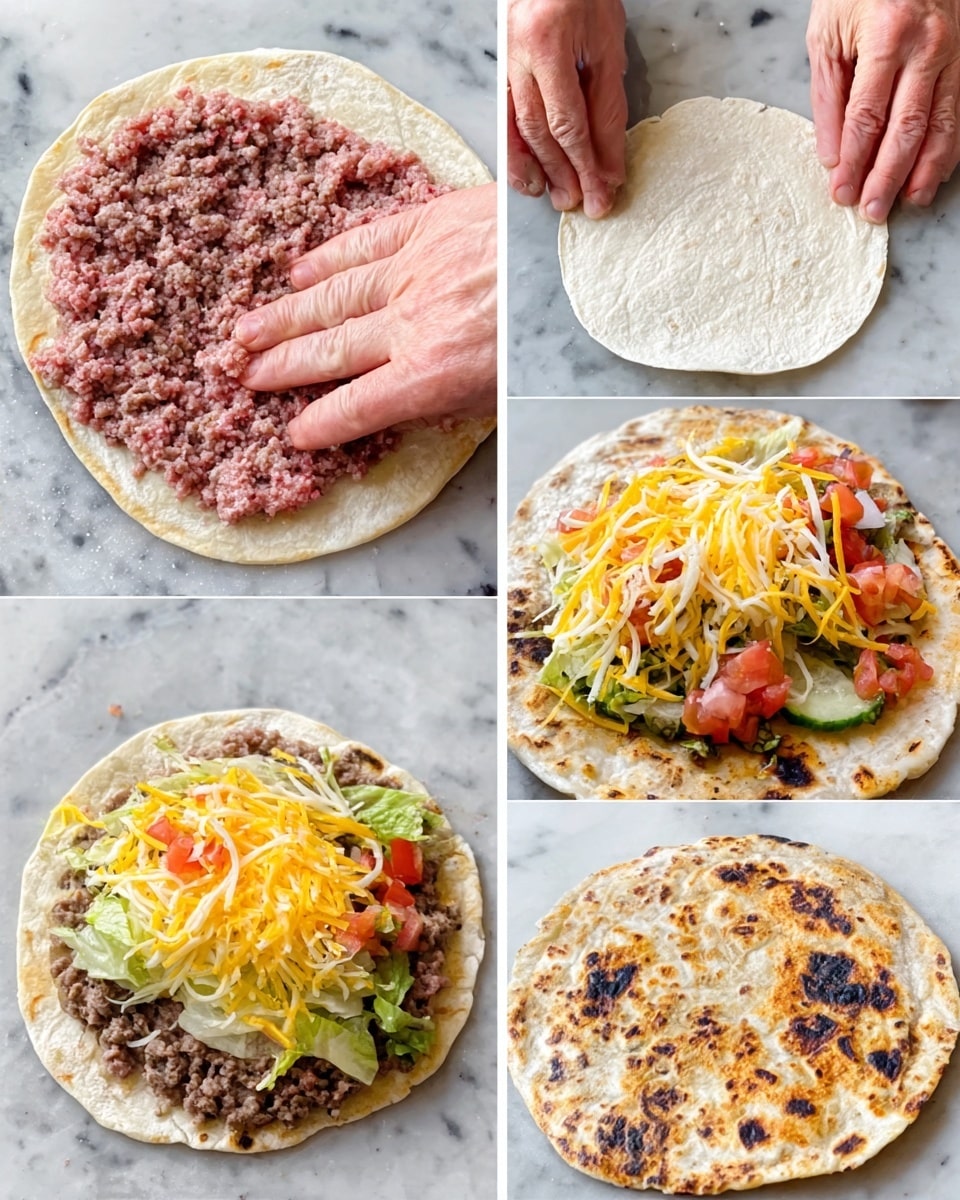 The image shows a step-by-step process of making a flatbread sandwich. First, there is a round tortilla on a white marbled surface with a layer of raw ground meat spread evenly across it. Next, a woman's hand is pressing down on the meat to flatten it more. Then, a woman's hand is gently placing a plain white tortilla on top of the meat layer. After that, the sandwich with two tortillas and meat in the middle is cooked until the outer tortilla is golden brown with some darker spots. The cooked flatbread is then topped with shredded yellow and white cheese that is melting over the warm surface. Finally, fresh vegetables including chopped tomatoes, sliced cucumbers, and leafy greens are added on top, creating a colorful and fresh finish. Photo taken with an iphone --ar 4:5 --v 7