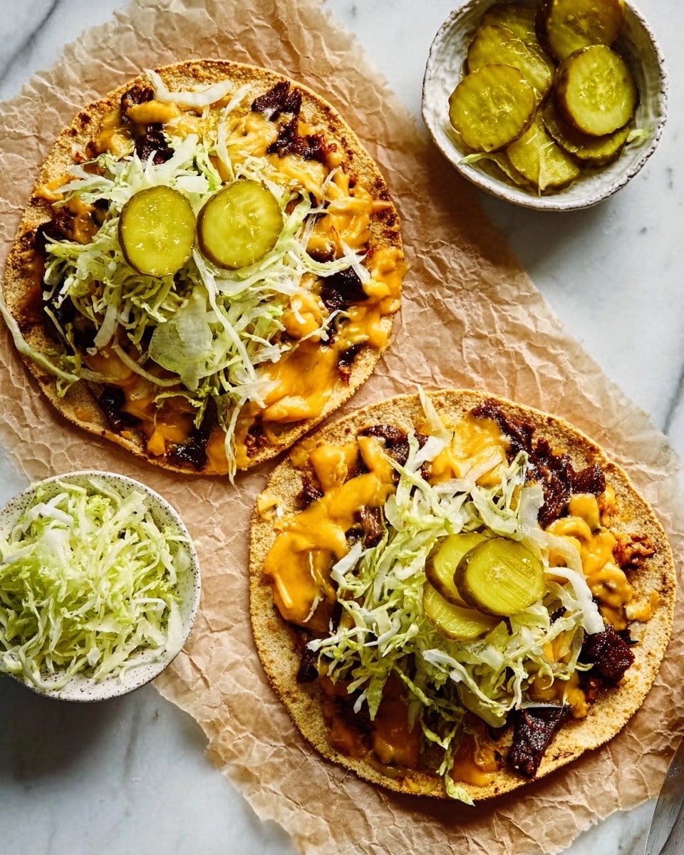 The image shows two open-faced tacos on a piece of parchment paper placed on a white marbled surface. Each taco has a base layer of flat, slightly browned tortilla with a textured surface. On top of the tortillas, there is a layer of melted yellow-orange cheese spread unevenly. Over the cheese, thin dark brown slices of grilled meat can be seen. The tacos are garnished with shredded pale green lettuce and a generous stack of light green pickles with a crisp texture. Nearby, there is a small white bowl filled with more pickles and a similar sized white bowl holding finely shredded cabbage. A woman's hand is partially visible near the bowls. Photo taken with an iphone --ar 4:5 --v 7