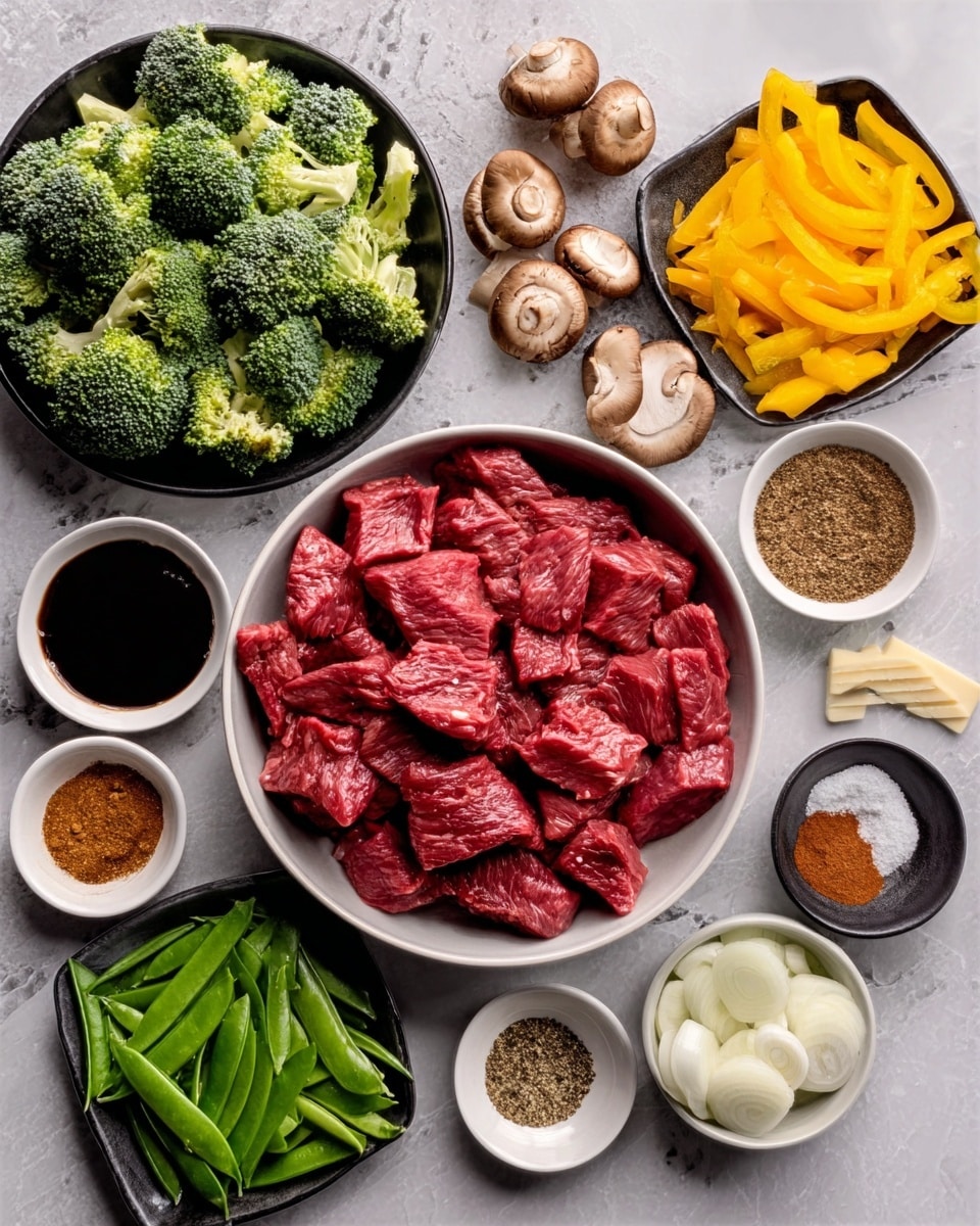The image shows a round white bowl in the center filled with bright red raw beef pieces cut into strips. Surrounding the bowl are small bowls and plates arranged neatly on a white marbled surface. On the left there are green broccoli florets and sliced mushrooms. To the right, there are fresh snap peas, bright yellow sliced bell peppers, and white sliced onions. Several small white bowls hold an assortment of spices and sauces ranging in brown, black, and white colors. The whole setup looks clean and organized, ready for cooking. Photo taken with an iphone --ar 4:5 --v 7
