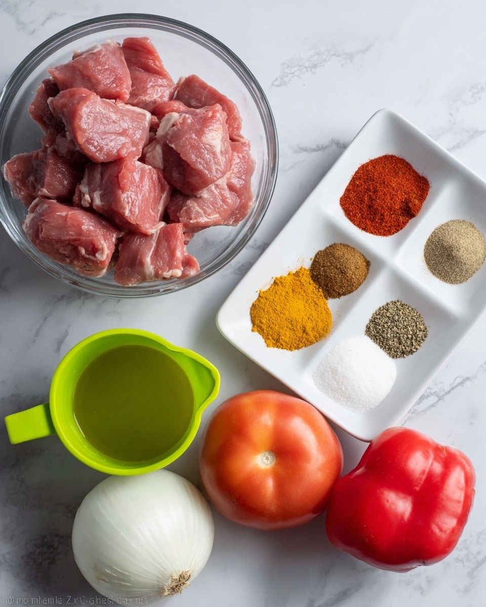 The image shows fresh ingredients arranged on a white marbled surface, including a clear glass bowl filled with raw pink pieces of meat in the upper left. To the right, there is a white bowl with five small piles of spices in different colors: light brown, dark brown, yellow, reddish-brown, and grayish-green. Below the spices, three whole red tomatoes and a smaller orange pepper are placed to the right side. A sliced white onion lies at the bottom left corner next to a bright green measuring cup with a small amount of clear liquid inside. Photo taken with an iphone --ar 4:5 --v 7