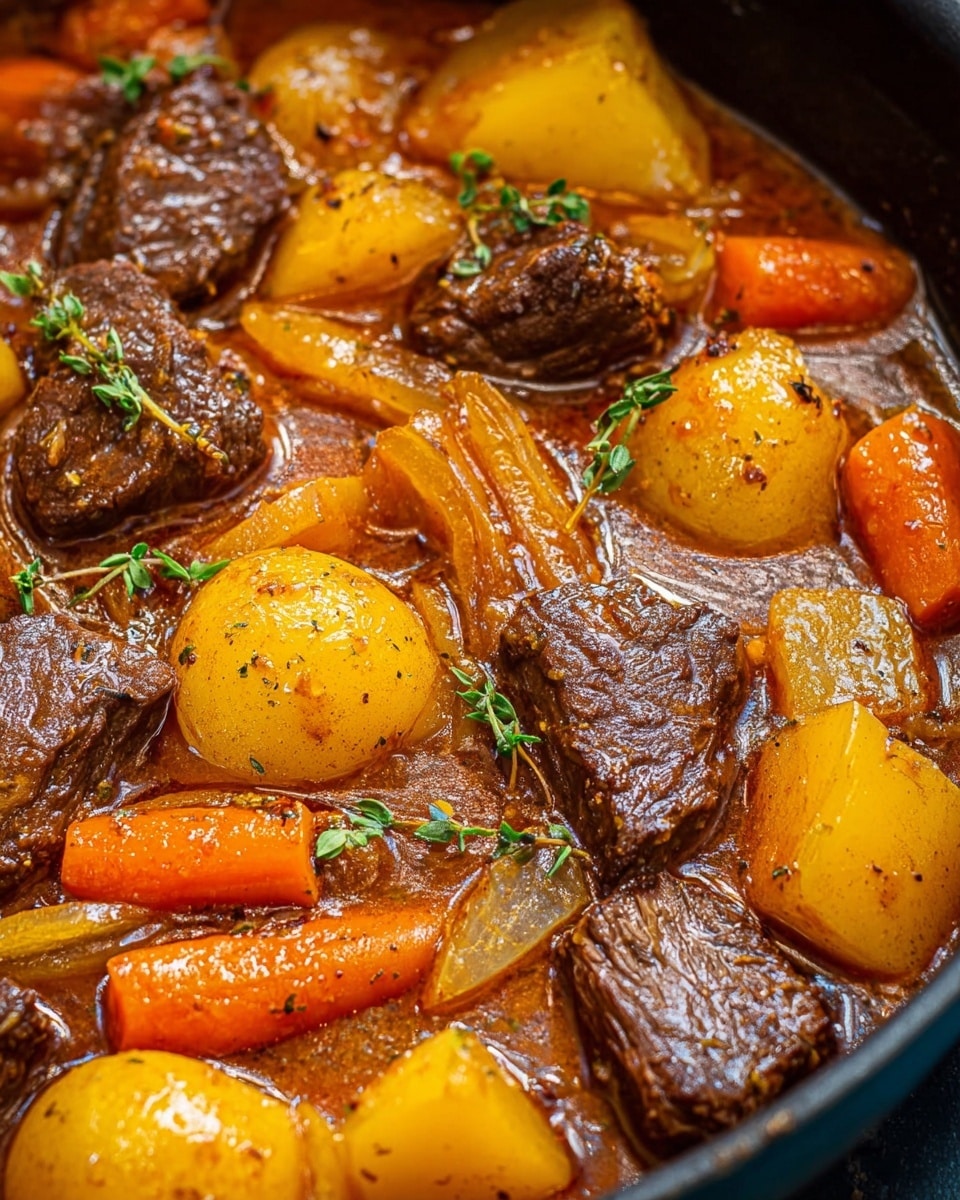 The dish shows a close-up of a stew in a pan, filled with large chunks of dark brown tender meat and round yellow potatoes, mixed with bright orange carrot pieces and light beige onion slices. The thick brown sauce coats everything with a shiny, rich look, and small green herb leaves are sprinkled on top. The ingredients fill the pan closely, creating a warm and hearty mix. photo taken with an iphone --ar 4:5 --v 7