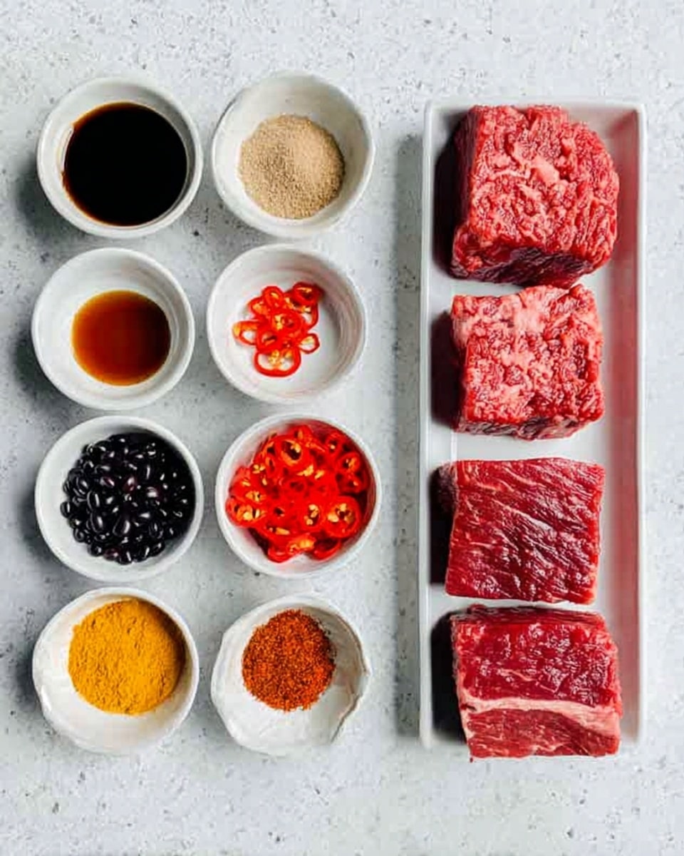 The image shows an arrangement of small white round bowls and a rectangular white tray on a white marbled surface. The small bowls hold different ingredients: one with dark soy sauce, another with light brown sugar, one with thin red chili slices, a small bowl with black beans, another with bright red finely chopped chili, and two small bowls with powdered spices in orange and yellow colors. The white tray has six pieces of raw, marbled beef stacked neatly with deep red and white colors. The overall layout is clean and organized with a focus on the colorful ingredients. photo taken with an iphone --ar 4:5 --v 7