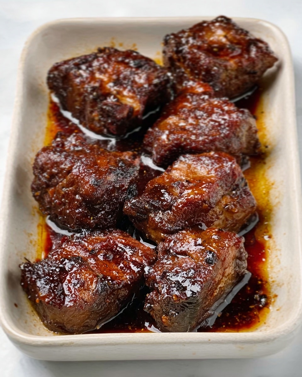 The image shows a white rectangular dish filled with seven pieces of dark brown, grilled meat with a shiny glaze, giving a slightly sticky and caramelized texture. The meat pieces are arranged closely together, each with some irregular shape and visible charred edges, sitting in a small amount of dark sauce pooled at the bottom of the dish. The white marbled surface beneath the dish contrasts with the rich, dark colors of the meat and sauce. Photo taken with an iphone --ar 4:5 --v 7
