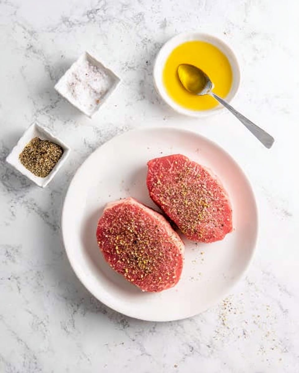 The image shows two raw steaks placed side by side on a white round plate, sitting on a white marbled surface. The steaks have a reddish-pink color with some black and white seasoning sprinkled evenly on top. Above and to the side of the plate, there are two small white square bowls; one bowl contains coarse salt and black pepper mix, while the other holds a pool of golden-yellow olive oil. A woman's hand holding a spoon is seen near the bowl of olive oil. The overall scene is bright and clean with soft natural lighting. Photo taken with an iphone --ar 4:5 --v 7