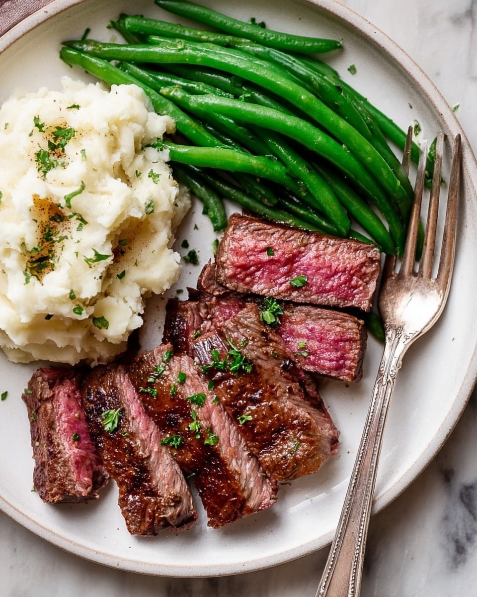 The image shows a white plate with three main parts: on the left, a soft, creamy mound of mashed potatoes with some green herbs sprinkled on top; on the top, a neat row of bright green cooked green beans, firm and smooth; in the center and bottom, sliced steak with a browned, seared outside and a pink, tender inside, pieces arranged closely with small green herb bits on top; the plate sits on a white marbled surface with an old-fashioned silver fork placed on the right side of the plate photo taken with an iphone --ar 4:5 --v 7