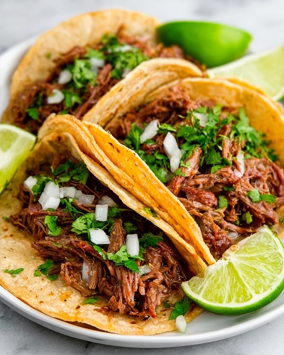The image shows three tacos placed closely on a white plate, each taco made with two soft corn tortillas folded to hold the filling. Inside, the filling is made of shredded brown meat with a slightly moist texture, topped with small white onion pieces and bright green chopped cilantro scattered on top. Each taco is garnished with a lime wedge on the side, adding a fresh and colorful touch. The plate sits against a white marbled textured surface, highlighting the vibrant colors of the food. photo taken with an iphone --ar 4:5 --v 7