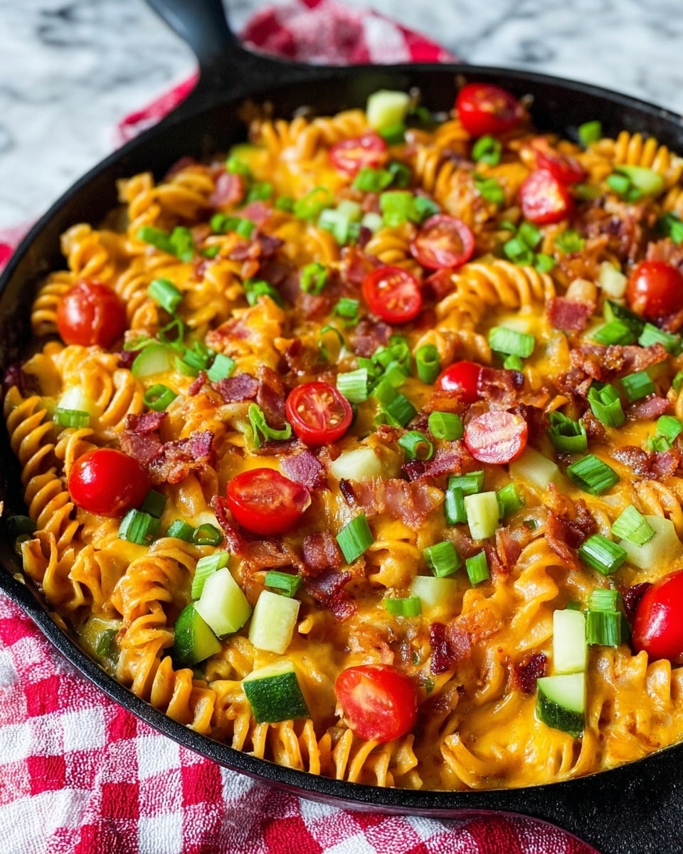 The image shows a black cast iron skillet filled with a colorful pasta dish. The base layer is orange-yellow cheese melted over spiral pasta that looks soft and saucy. Scattered on top are small pieces of crispy bacon in dark pink and brown tones. There are halved bright red cherry tomatoes and small cubes of pale green cucumber spread evenly across the dish. Fresh green chopped spring onions add a bright contrast sprinkled over all layers. The skillet is placed on a red and white checkered cloth on a white marbled surface. photo taken with an iphone --ar 4:5 --v 7