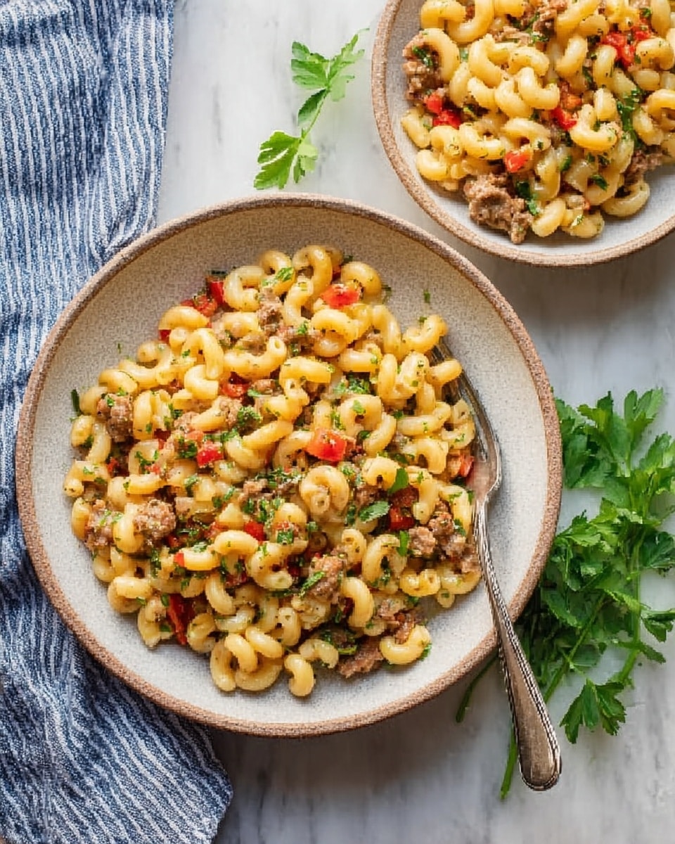 Two white plates filled with macaroni pasta mixed with small pieces of cooked sausage, diced red peppers, and chopped green herbs. The pasta looks soft and mixed well with the colorful ingredients. One plate has a silver fork resting on the right side, and fresh green parsley leaves are placed on the white marbled surface near the plates. The background shows a blue and white striped cloth partially in view. The overall scene is brightly lit, showing the warm and inviting colors of the food. photo taken with an iphone --ar 4:5 --v 7