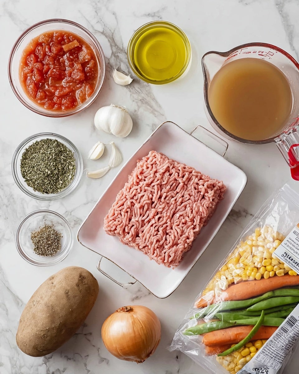 The image shows a rectangular white tray with raw ground meat, light pink and textured with small ridges, centered on a white marbled surface. Around the tray are glass bowls with different ingredients: one with clear olive oil with a golden yellow color, another with two peeled white garlic cloves, a third with mixed dried green herbs and black pepper, and a fourth with a dark brown liquid sauce. Nearby are a whole brown potato and a round yellow onion placed directly on the marbled surface. A white bowl contains a red tomato mixture with visible chunks. A clear measuring cup holds a light brown broth with a red handle. There is also a white bag of mixed vegetables, showing green beans, carrots, and corn on the packet. Photo taken with an iphone --ar 4:5 --v 7