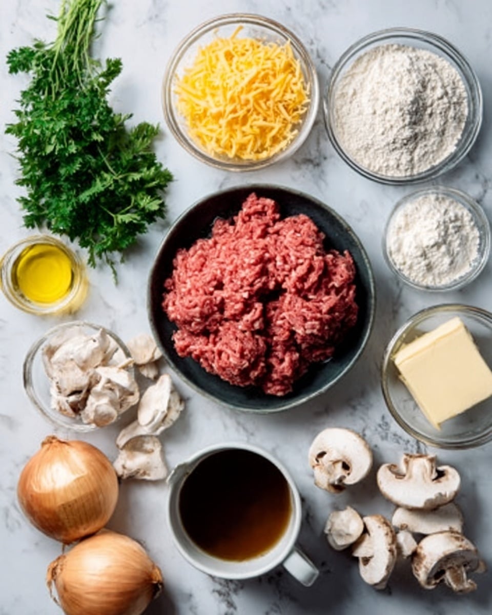 The image shows many ingredients laid out on a white marbled surface. There is a round black bowl filled with red raw ground meat at the center. Around it, small clear glass bowls hold different ingredients: one with light yellow shredded cheese, one with white flour, and one with a dark brown liquid. There are unpeeled yellow onions, white mushrooms, bright green fresh parsley, pale yellow butter, and a white bowl filled with a white powdery ingredient. A cup of dark brown broth or sauce is also present. The scene looks well-organized and ready for cooking. photo taken with an iphone --ar 4:5 --v 7