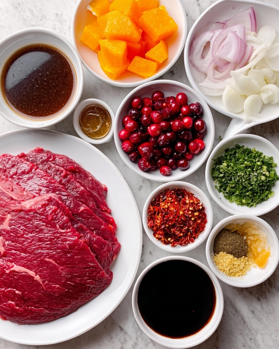 The image shows a white bowl at the bottom right filled with thin slices of raw red meat sprinkled with white powder on top. Above the bowl, there is a white bowl filled with green chopped scallions, showing a mix of light and dark green colors. To the bottom left, a small metal bowl holds minced yellow ginger and sliced white garlic cloves. Below the metal bowl, there is a small silver can with a label written in Asian characters and the words