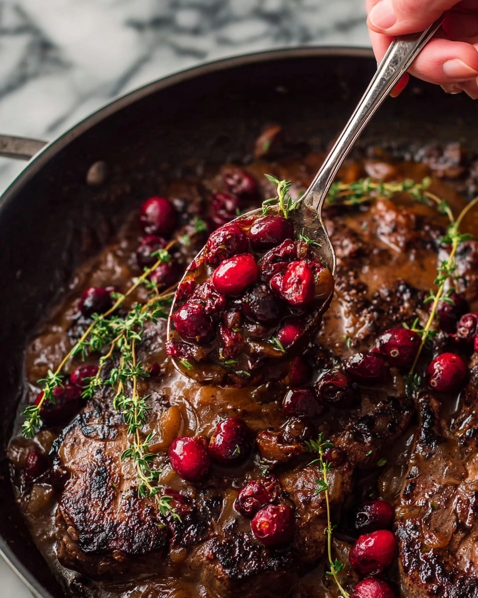 A close-up of a cooked steak in a dark pan with a rich brown sauce covering most of the meat, topped with bright red cranberries and fresh green thyme sprigs. The steak has a charred dark brown crust with some pink visible inside under the sauce. A woman's hand holds a silver spoon lifting a spoonful of sauce with cranberries above the steak. The pan edges are black and the background is a white marbled texture. Photo taken with an iphone --ar 4:5 --v 7