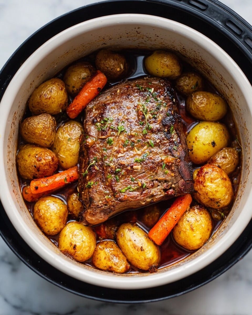 The image shows a round white ceramic pot filled with a roast dish. In the middle, there is a large brown roast with a slightly crispy texture and small green herb sprinkles on top. Around the roast, there are small whole roasted potatoes with a golden brown and crispy skin. Among the potatoes are several medium-sized roasted carrot pieces that have a deep orange color with some darker roasted spots. The food sits in a dark brown sauce that coats the bottom of the pot. The pot is placed inside a black oven or air fryer, and the entire scene is on a white marbled surface. photo taken with an iphone --ar 4:5 --v 7