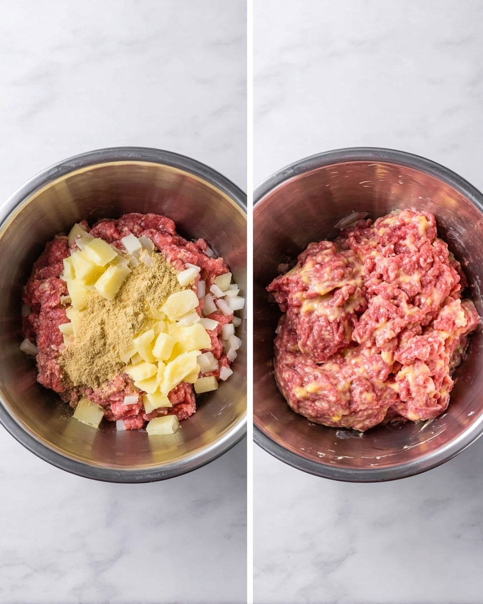 Two images side by side show a shiny metal bowl on a white marbled surface. The left image shows the bowl with raw minced meat topped with light yellow chunks of cheese, beige powder spices, and some translucent chopped onions all separate but together inside the bowl. The right image shows the same bowl after all ingredients are mixed into a uniform pinkish mixture with visible bits of cheese spread evenly throughout. The bowl and its contents are viewed from above, showing layers and texture clearly. photo taken with an iphone --ar 4:5 --v 7